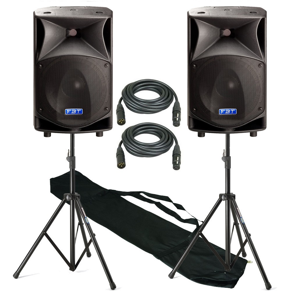 fbt speakers on a stand with leads and bag